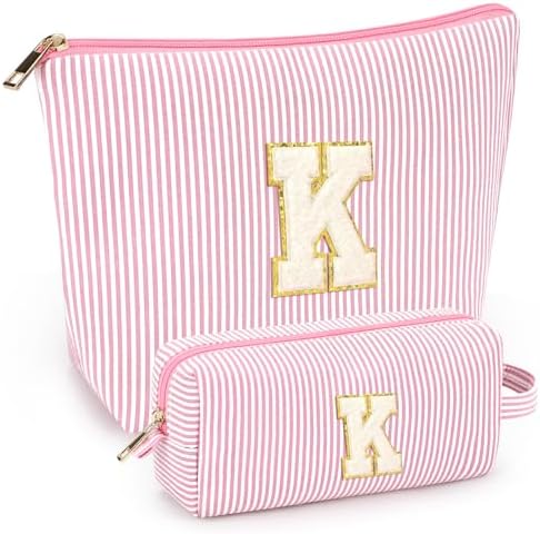 2 PCS Initial Makeup Bags for Women: Cosmetic Bag for Travel Toiletry - Birthday Gifts for 11 12 13 14 15 16 17 18 Years Old Girl Graduation Teacher Gift- Teen Girl Gifts Trendy Stuff - Light Pink K by mibasies