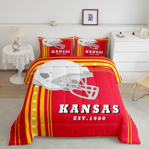 Erosebridal Football Bedding Comforter Sets Rugby Sports Game King Bedding with 2 Pillowcases, Gridiron Helmet Comforter Set Teen Boys Sports Room Decor, Yellow Red - Image 3