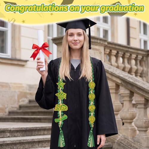 Class of 2026 Graduation Leis,Green&Gold Double Layer Satin Ribbon with 8Pcs Graduation Charms,Grad Party Decorations,Class of 2026 Graduation Leis Gifts for High School Graduates - Image 2