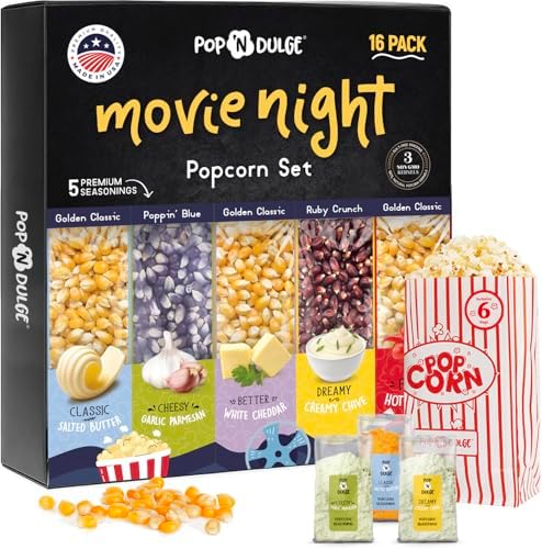 Pop n' Dulge Popcorn Movie Night Supplies 16 pcs Gift Set, 5 Gourmet Popcorn Kernels, 5 Seasoning Variety Packs Non-GMO Kosher Snacks, Great Housewarming Family Date Night Gifts Basket Ideas For Him Her by PopNDulge