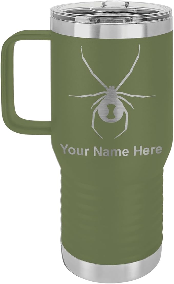 LaserGram 20oz Vacuum Insulated Travel Mug with Handle Widow Spider, Personalized Engraving Included (Camo Green)