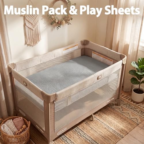 Pro Goleem Muslin Pack n Play Sheets for Boys and Girls, Soft Breathable Cotton Fitted Mini Crib Sheets, Neutral Baby Sheets for Playard Mattress, 2 Pack (Grey＆Green) - Image 2