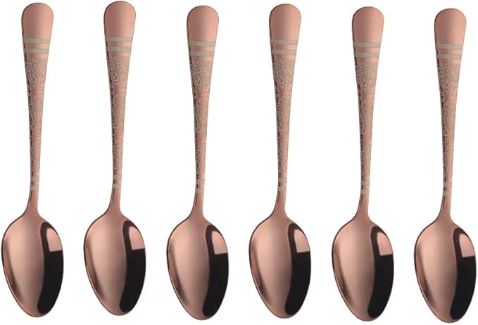 Rose Gold Unique Pattern Design Coffee Espresso Spoons Mini, Mingcheng Stainless Steel Small Teaspoons Silverware Set of 6, BISDARUN 5.5 Inches Food Spoons for Demitasse Dessert Tea