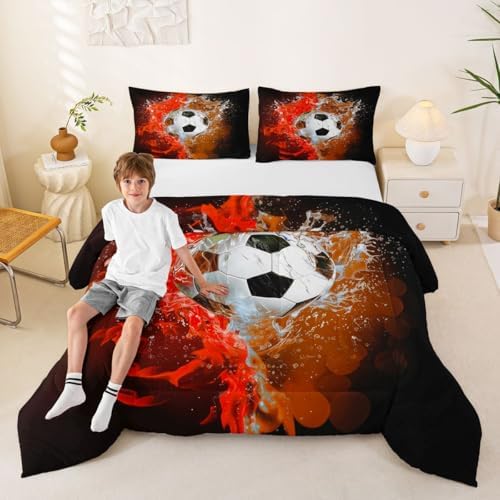 Erosebridal Soccer Print Kids Bedding | 3D Football Pattern Queen Comforter Sets,Red Flame Soccer Comforter Sports Games Duvet Insert with 2 Pillow Cases - Image 5