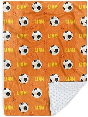 Custom Soccer Blanket - Personalized Name with Soccer Patterns - Soft Plush Flannel Blanket with Double Layer Dotted Backing for Baby Toddler Kids Teen Boys Girls Gifts Orange by Duckbe