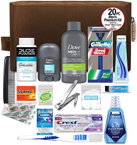 Convenience Kits International Men’s Premium 20-Piece Kit with Travel Size TSA Compliant Essentials, Featuring: Dove Men & Care Products in Brown Dopp Bag - Image 2