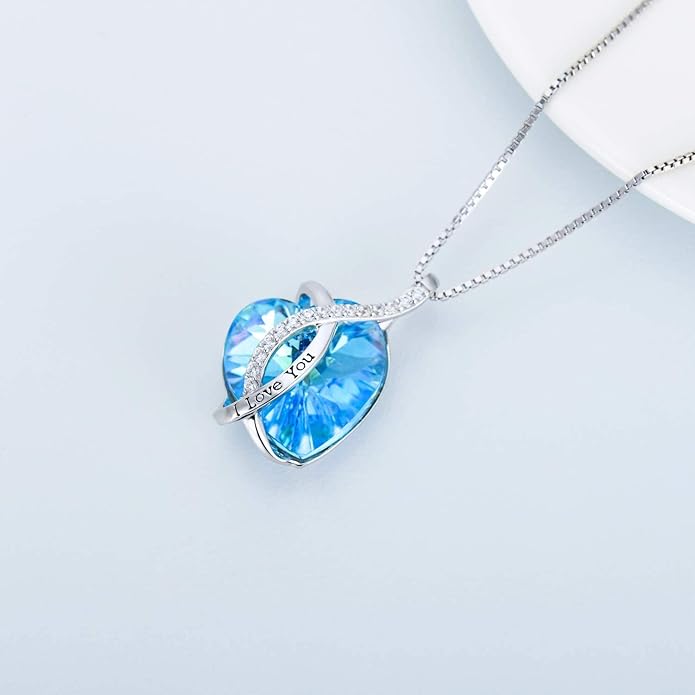 AOBOCO I Love You Sterling Silver 12 Birthstone Heart Pendant Necklace Embellished with Crystals from Austria, Mother's Day Anniversary Birthday Jewelry Christmas Gifts for Women Grandma Nana