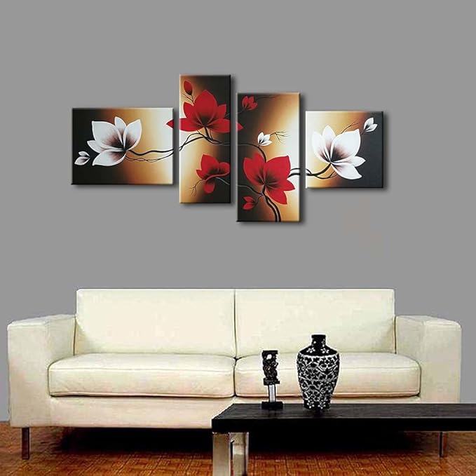 Wieco Art Full Bloom in Spring Red Flowers 100% Hand-painted 4 panels Flower Oil Paintings on Canvas Wall Art for Wall Decor Oil Painting on Canvas