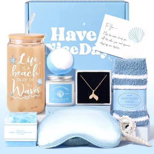 Gift Baskets for Women, 9pcs Unique Happy Birthday Gifts for Women, Best Ocean Christmas Gifts Ideas Relaxing Spa Set Blue Inspirational Get Well Box for Her Sister Friend Friendship Mom by SuhctuptxAccompanyUInLife