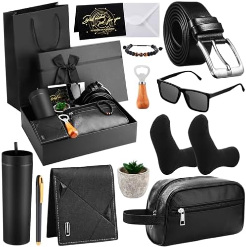 Skylety 13 Pcs Birthdays Gifts Baskets for Men Father Gift for Men Birthdays Gift Box 16 oz Tumblers Wallet Toiletry Bag Sock Bottle Opener Belt Bracelet Glasses Pen for Father's Day Dad Husband by Skylety