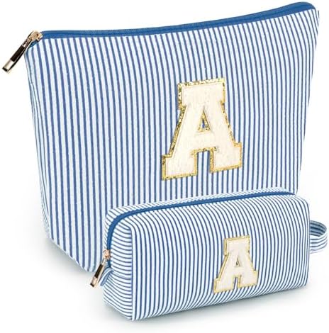 2 PCS Initial Makeup Bags for Women: Cosmetic Bag for Travel Toiletry - Birthday Gifts for 11 12 13 14 15 16 17 18 Years Old Girl Graduation Teacher Gift- Teen Girl Gifts Trendy Stuff - Blue A by mibasies