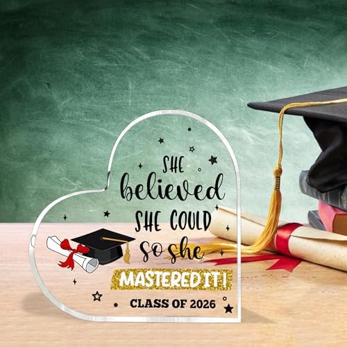 Graduate Gifts Class of 2026 Plaque, College Graduation Gifts for Her Women, Inspirational Graduation Gift, Masters Graduate Grad Keepsake for Masters Degree Heart Acrylic Paperweight, She Mastered It - Image 3