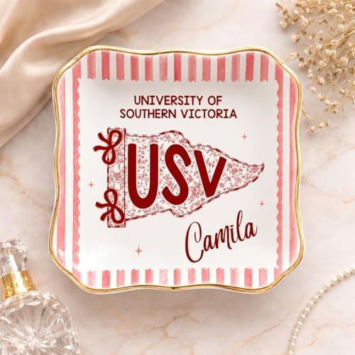 LOVELYPOD Custom School Pennant Flag Jewelry Tray, Personalized College Grad Gift, Masters Degree Gift for Her, Class of 2026 Graduation Gifts, University Spirit Striped Dish, Senior Night Gifts by LOVELYPOD