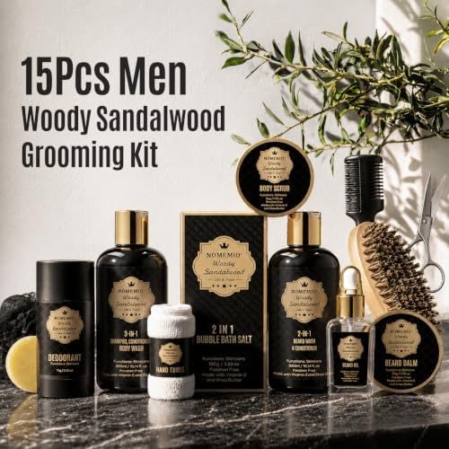 Luxury Spa Gift Basket for Men, Father's Day Gifts, Sandalwood Bath Gift Set, 2-in-1 Body Wash, Deodorant, Beard Oil, Hand Towel, Brush, Scissors, Combs, Woven Basket - Image 2