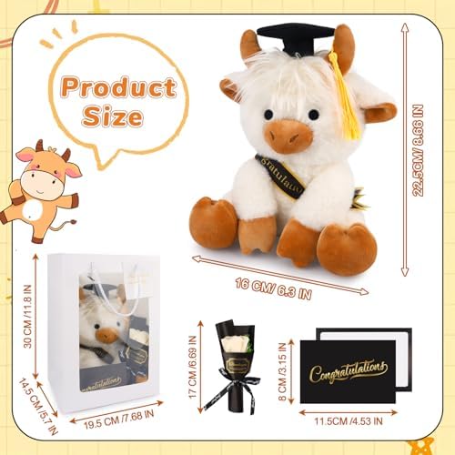 2026 Graduation Plush Toy- White Highland Cow with Gift Box Stuffed Animal - Image 3
