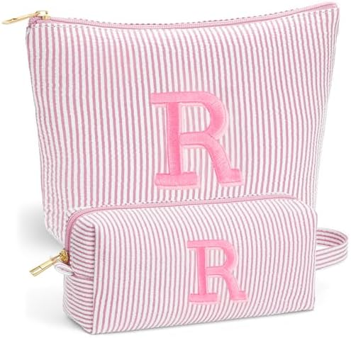 Initial Makeup Bag Set for Women - Personalized Travel Pouch, Portable Cosmetic Bag Make up Kit Pouch | Travel Essentials Cute Makeup Bag Birthday Gifts for Women, Light Pink Letter R by Fohufo