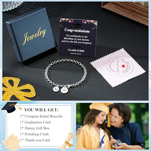2026 Graduation Gift for Her - Compass Graduation Bracelet Class of 2026 Initial Charm Bracelet Inspirational Masters Degree Preschool High School College Graduation Gift for Her - Image 7