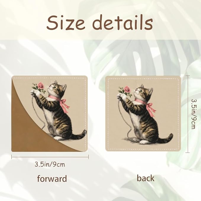2PCS Leather Bookmarks 3.54 x 3.54 Inch Vintage Tabby Cat with Pink Rose Design Reading Accessories for Books Journals Bibles Travel Diary Students Teachers and Book Lovers Gift