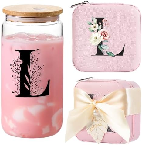AYGXU Initial Jewelry Storage Set, Personalized Pink L Travel Case with Glass Cup & Bamboo Lid, Bridesmaid Gift by AYGXU