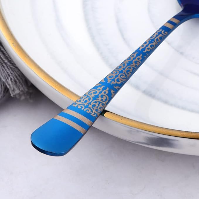 Blue Unique Pattern Design Coffee Espresso Spoons Mini, Mingcheng Stainless Steel Small Teaspoons Silverware Set of 12, BISDARUN 5.5 Inches Food Spoons for Demitasse Dessert Tea