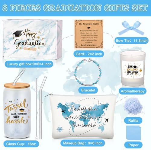 Potchen 7 Pcs Graduation Gifts for Girl Her Class of 2026 College High Graduation Gifts Box Set with 16oz Glass Cup Cosmetic Bag Bracelet Scented Candle with Box for Women Daughter Friend(Blue) - Image 3