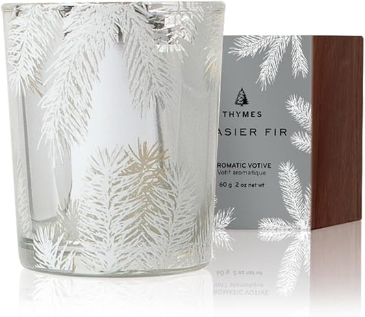 Thymes Frasier Fir Candle – Pine Needle Design – Holiday Scented Candle – Notes of Crisp Siberian Fir, Cedarwood & Sandalwood – Luxury Home Fragrance Gifts for Women & Men – Silver (Statement, 2 oz)