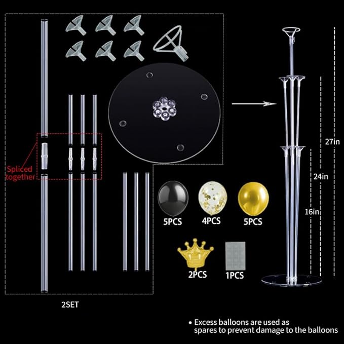 Black and Gold Party Decorations, Crown Balloon Stand Kit For Table 2 Sets with Balloons, Great for Black and Gold Brithday Party Decorations, Bachelorette, Wedding Party Decor