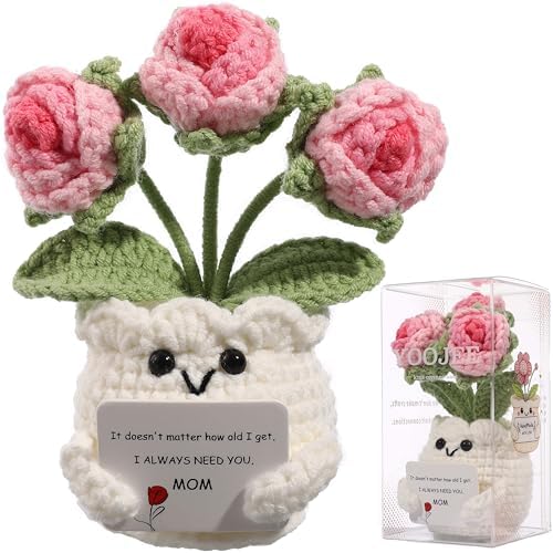 Crochet Rose Gift for Mom – Mothers Day Gifts from Daughter Son, Handmade Pink Rose Flower with Card “I Always Need You, Mom”, Cute Desk Decor, Ready-to-Gift with Clear Box by YOOJEE
