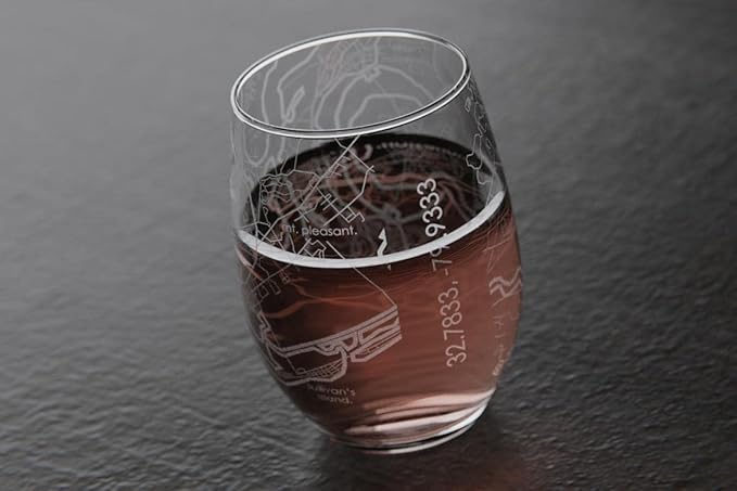 Well Told Engraved Charleston South Carolina Map Stemless Wine Glass, Etched Glassware (15 oz, Clear) City Map Gift, Custom Barware, Gifts for Wine Lovers