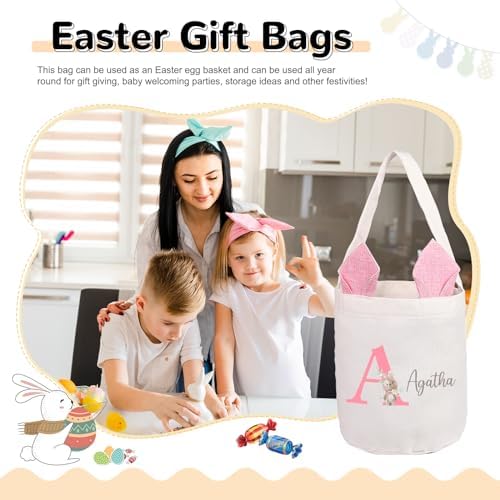 Personalized Bunny Ears Bucket Bag with Custom Name Photo-Easter Bag with Handle-Soft Egg Basket for Kids -Customized Easter Basket-Great for Carrying Gift Easter Eggs (Pink) - Image 3