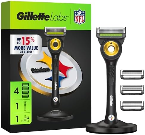 Gillette Labs Special NFL Steelers Edition Shaving Razor for Men - 1 Handle, 4 Razor Blade Refills & Magnetic Stand, GilletteLabs with Exfoliating Bar by Gillette