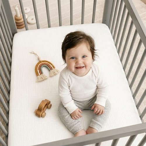 Muslin Mini Crib Sheet (38"x24"), 100% Cotton Cover, Breathable & Soft Mattress Pad, Boho White for Boys Girls(1 Pack) - Image 6