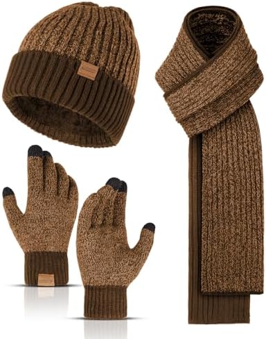 Winter Beanie Hats Long Neck Scarf for Men and Touchscreen Gloves 3PCS Set by HONNESSERRY