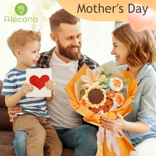 Alecono Crochet Flower Bouquet Handmade Orange Knitted Sunflower Floral - Image 3