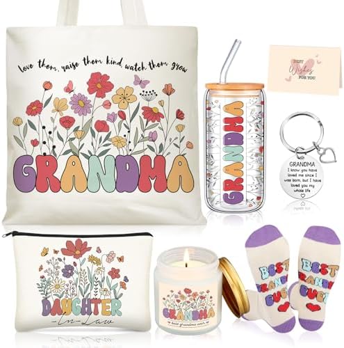 Funnymoom 6 Pcs Grandma Gifts for Women, Best Grandma Birthday Gift from Granddaughter Grandchildren Grand kids, 17 oz Glass Cup Canvas Tote Bag for Birthday by Funnymoom