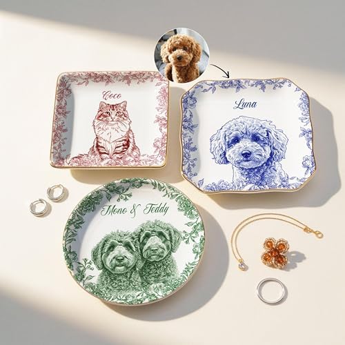 LOVELYPOD Custom Pet Portrait Jewelry Tray, Toile De Jouy Ceramic Dish, Custom Dog Cat Picture Gifts, Personalized Pet Photo Gifts, Dog Cat Memorial Gift, Sympathy Gift Pets Owner - Image 3