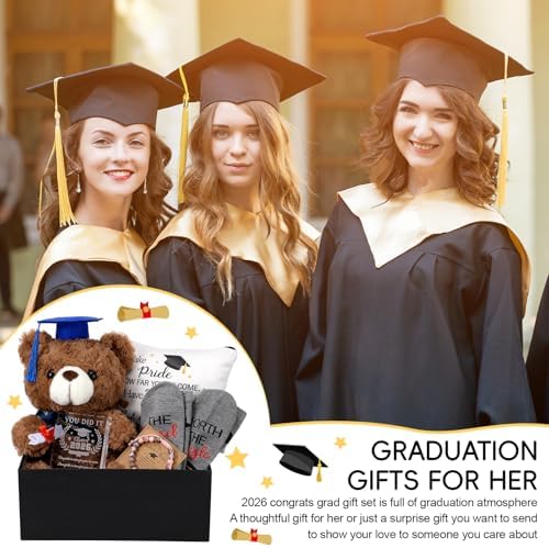 Baderke Graduation Gift Set for Her 2026 Meaningful Congrats Grad Gifts with Compass Bracelet, Memory Bear, Keepsake Plaque, Socks and Makeup Bag for High School or College Graduate(White) - Image 6