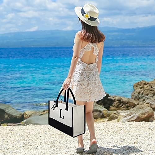 TOPDesign Personalized Initial Canvas Beach Bag, Monogrammed Gift Tote Bag for Women - Image 2