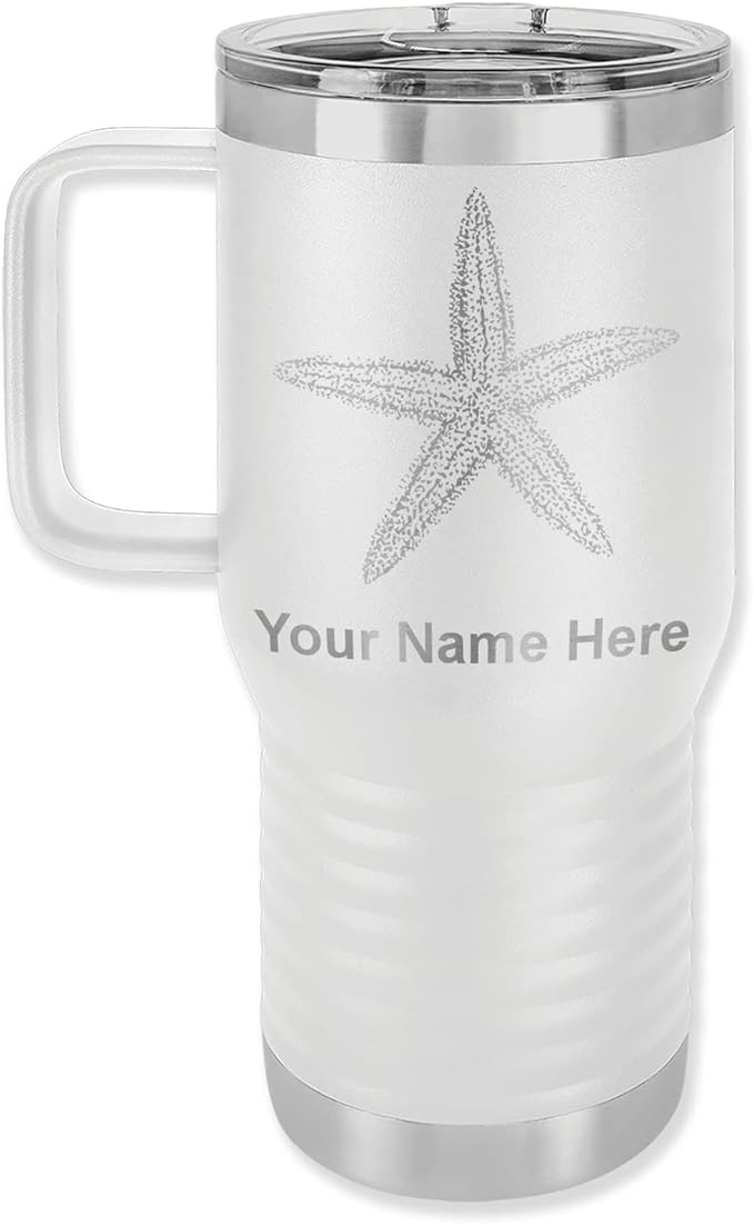 LaserGram 20oz Vacuum Insulated Travel Mug with Handle, Starfish, Personalized Engraving Included (White)
