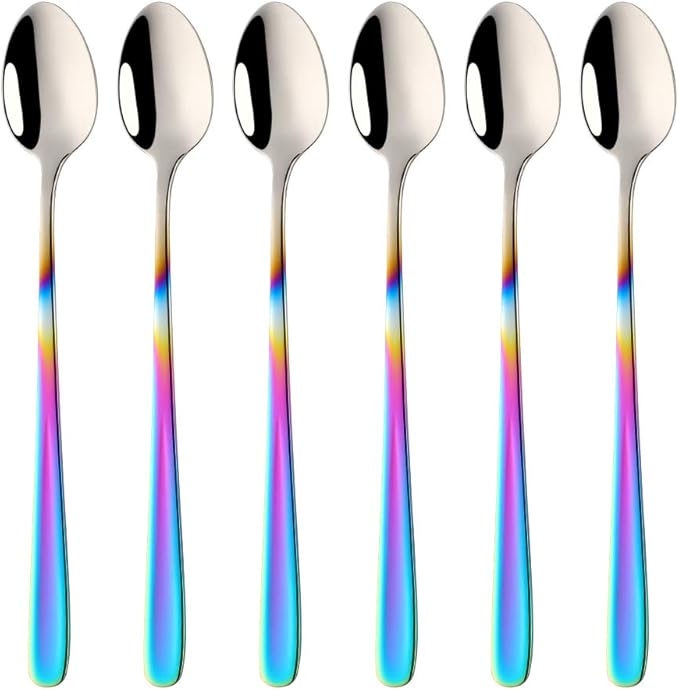 Buyer Star Long Handle Iced Tea Spoons Set of 6, 8 inch 18/10 Heavy Duty Coffee Spoon Sets for Mixing, Cocktail Stirring, Tea, Coffee, Milkshake, Cold Drink (Gradient Rainbow)