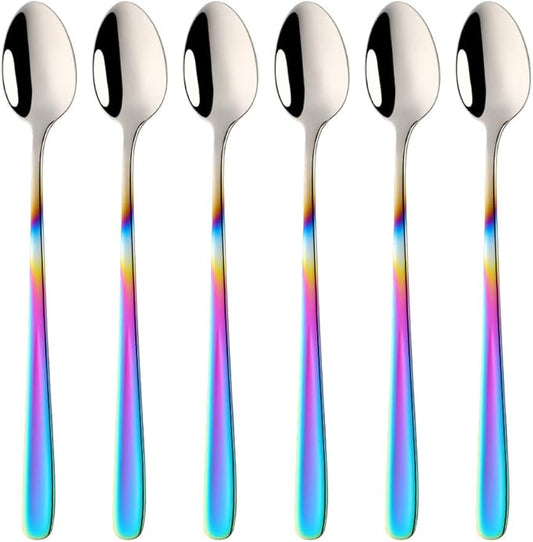 Buyer Star Long Handle Iced Tea Spoons Set of 6, 8 inch 18/10 Heavy Duty Coffee Spoon Sets for Mixing, Cocktail Stirring, Tea, Coffee, Milkshake, Cold Drink (Gradient Rainbow)