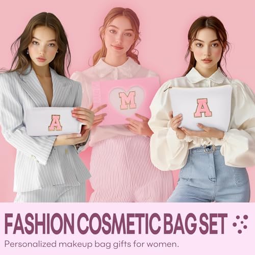 2 PCS Initial Makeup Bags for Women: Cosmetic Bag for Travel Toiletry - Birthday Gifts for 11 12 13 14 15 16 17 18 Years Old Girl Graduation Teacher Gift- Teen Girl Gifts Trendy Stuff - White K - Image 2