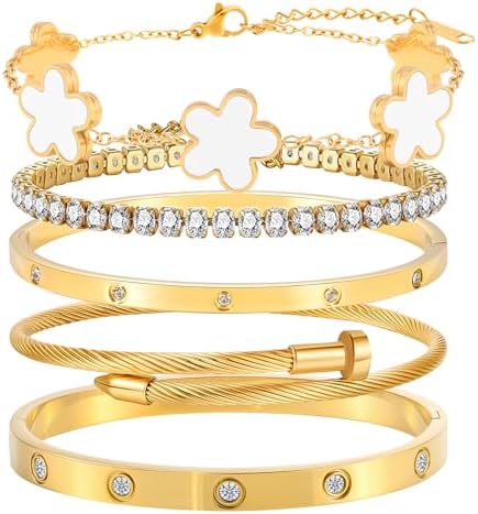 Camhanno Gold Bangle Bracelets for Women, 18K Gold Plated Stainless Steel Stackable Bangles, Non-Tarnish Trendy Jewelry, Ideal Gift for Birthday Anniversary by Camhanno