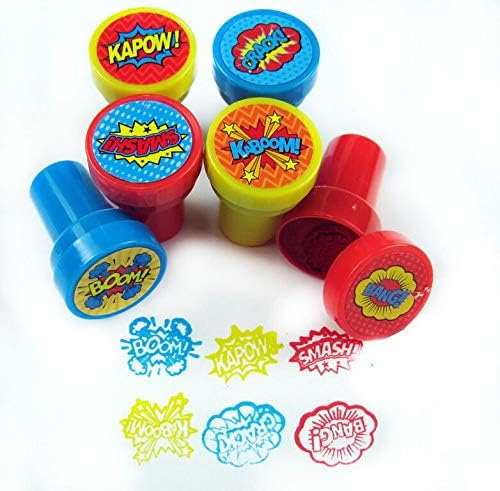 Tiny Mills 24 Pcs Superhero Assorted Stamps for Kids - Self Ink Stamps (12 Different Designs) - Superhero Birthday Party Favors, Goody Bag Filler Treats, Classroom Rewards