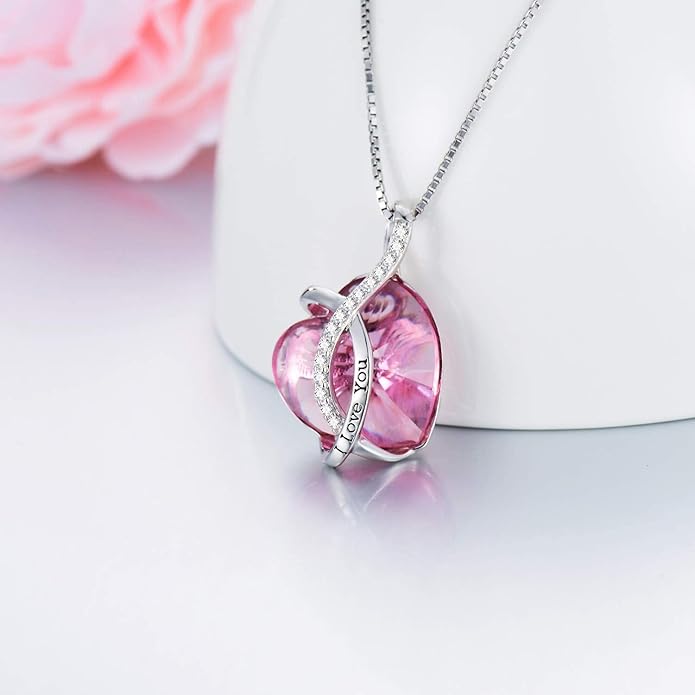 AOBOCO I Love You Sterling Silver 12 Birthstone Heart Pendant Necklace Embellished with Crystals from Austria, Mother's Day Anniversary Birthday Jewelry Christmas Gifts for Women Grandma Nana