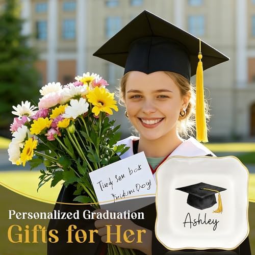 College and High School Graduation Gift for Her, Personalized Graduation Jewelry Dish Class of 2026, Ceramic Ring Tray 4.3x4.3 inches, Customizable Names and Birth Month Flowers - Image 3