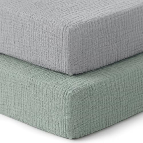 Pro Goleem Muslin Pack n Play Sheets for Boys and Girls, Soft Breathable Cotton Fitted Mini Crib Sheets, Neutral Baby Sheets for Playard Mattress, 2 Pack (Grey＆Green) by ProGoleem