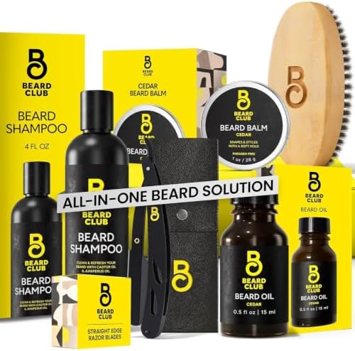 The Beard Club Beard Care Kit & Mens Grooming Kit - Essentials for a Healthier Looking, Stylish Facial Hair - Straight Edge Razor, Shampoo, Cedar Balm & Oil, and Boar Bristle Brush by TheBeardClub