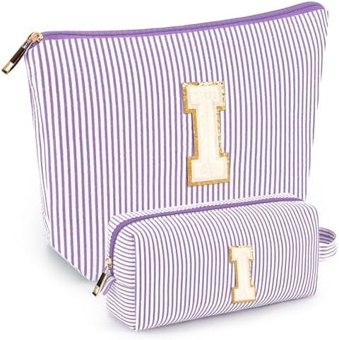 2 PCS Initial Makeup Bags for Women: Cosmetic Bag for Travel Toiletry - Birthday Gifts for 11 12 13 14 15 16 17 18 Years Old Girl Graduation Teacher Gift- Teen Girl Gifts Trendy Stuff - Purple I by mibasies