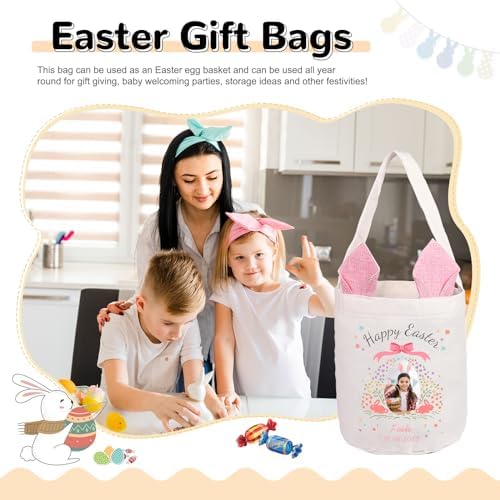 Personalized Bunny Ears Bucket Bag with Custom Name Photo-Easter Bag with Handle-Soft Egg Basket for Kids -Customized Easter Basket-Great for Carrying Gift Easter Eggs (Pink-Photo) - Image 3